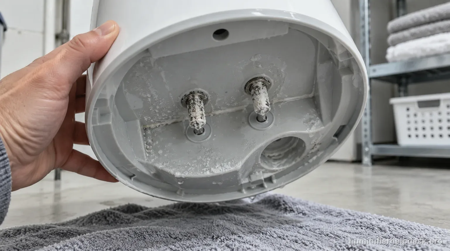 Illustrative hand tilting the base of a tall cylindrical evaporative humidifier to show two metal probes coated in white scale