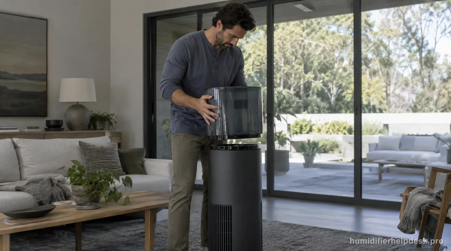 Illustrative person reseating a large water tank onto a tall cylindrical evaporative humidifier in a living room