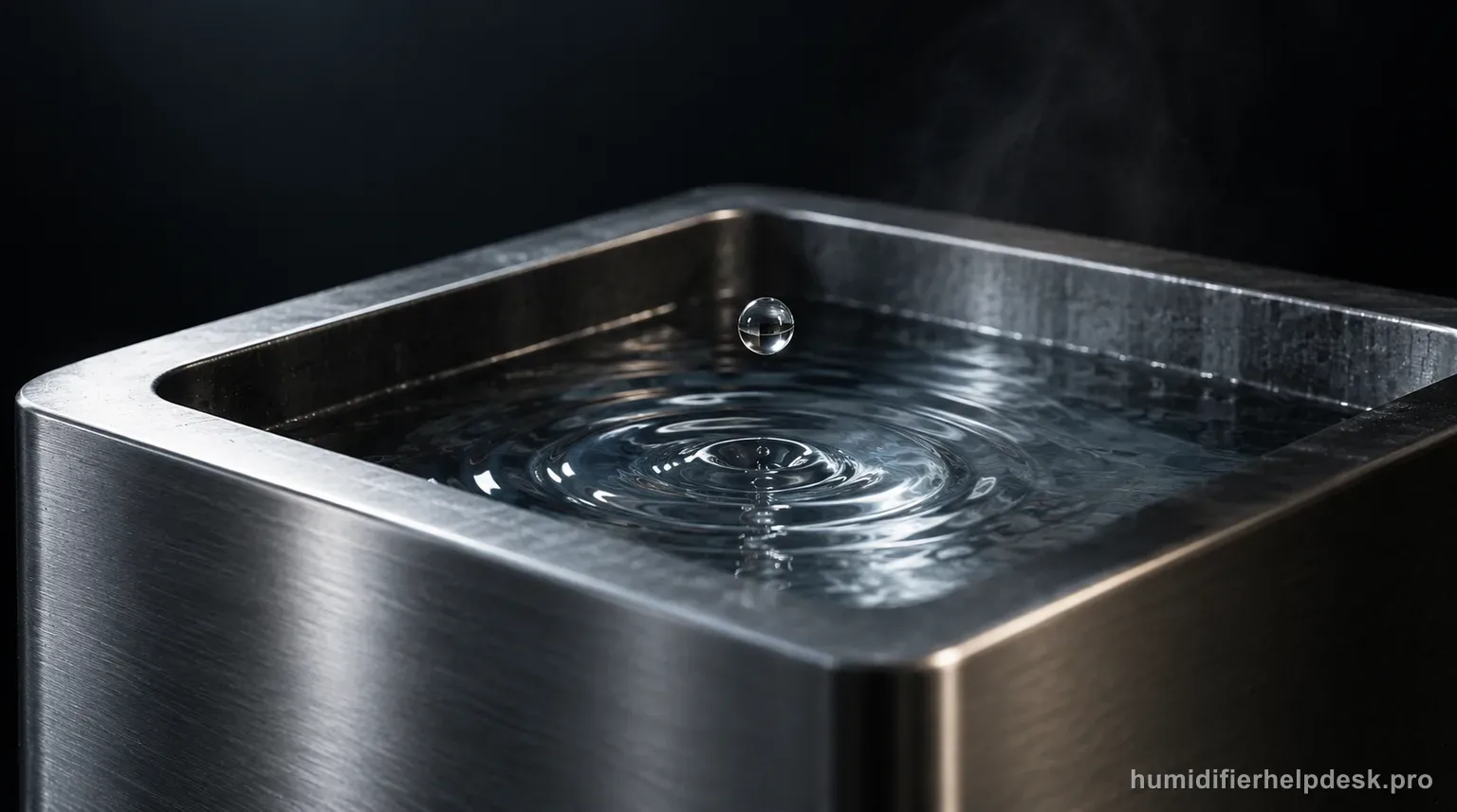Illustrative high-speed-style detail of a single water droplet mid-fall inside the open top of a brushed stainless-steel cube humidifier