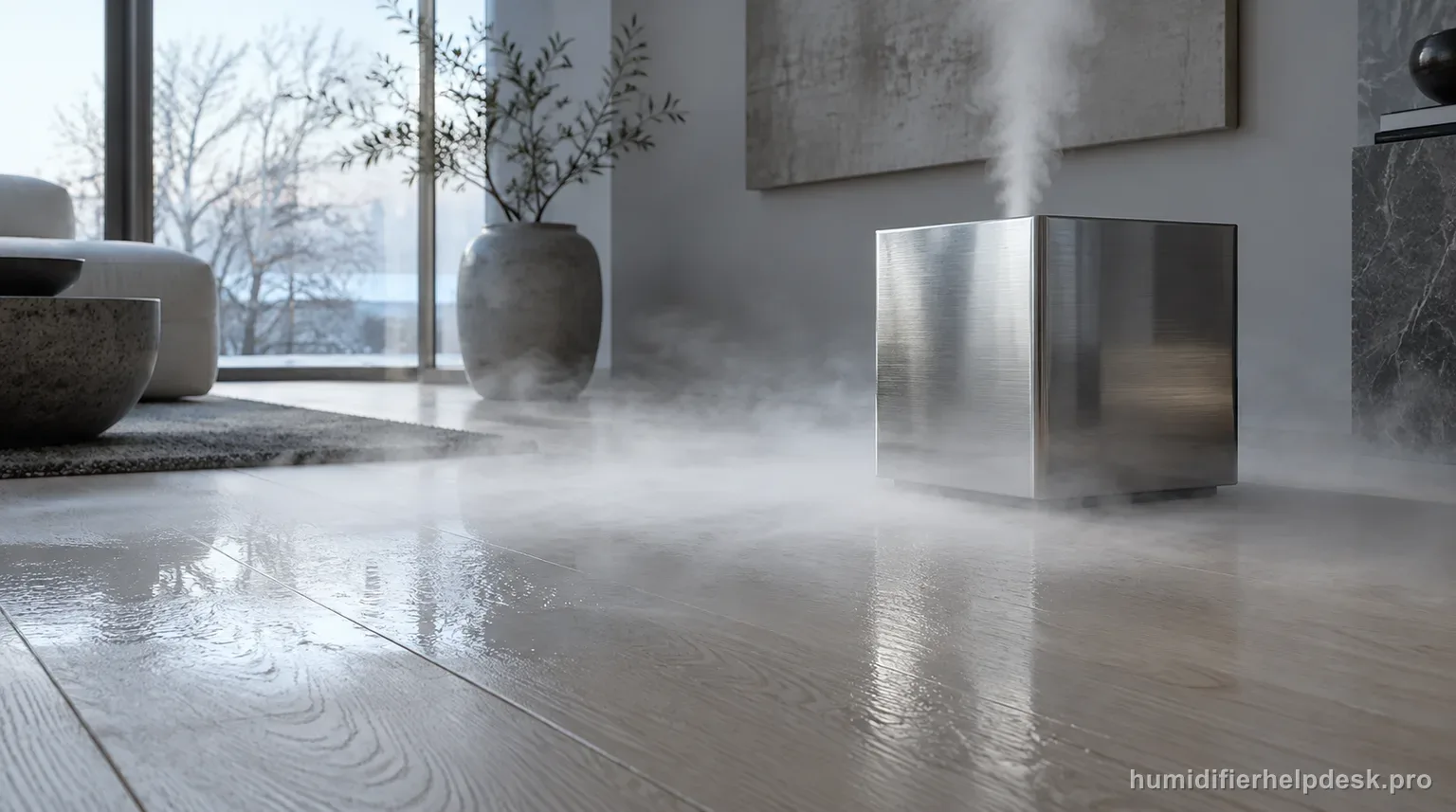 Illustrative floor-level view of a low haze of settled mist and a film of moisture spreading across oak floorboards in front of a stainless-steel cube humidifier