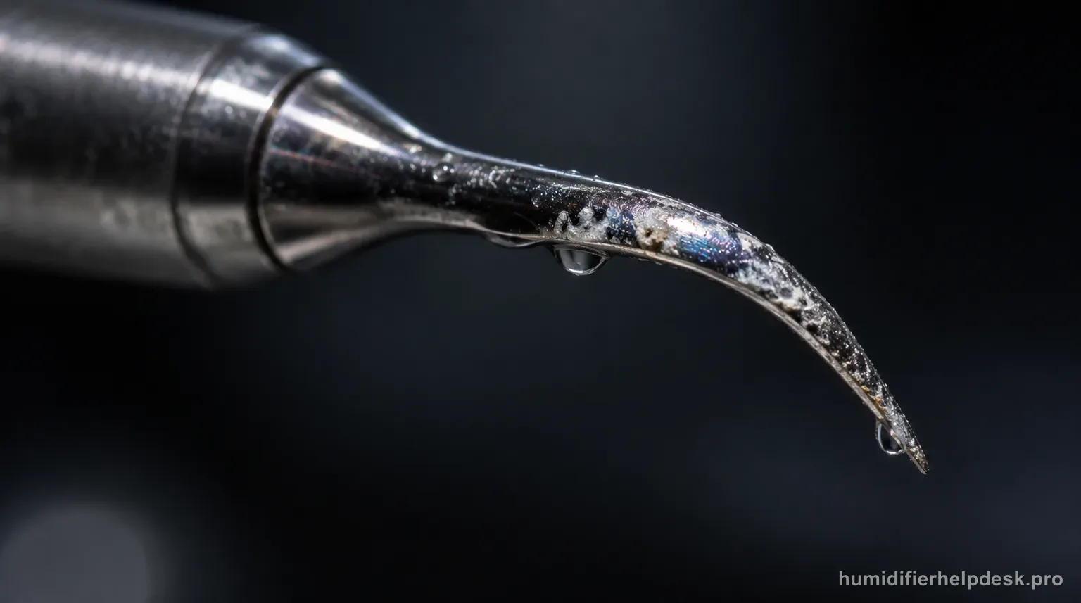 Illustrative extreme macro of a slim metal ultrasonic wand held against a dark background showing faint iridescent and chalky white mineral spots
