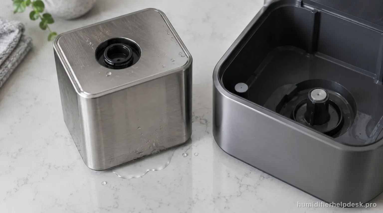 Illustrative overhead-angle view of a thin film of water beneath a lifted brushed stainless-steel tank cube on a pale countertop