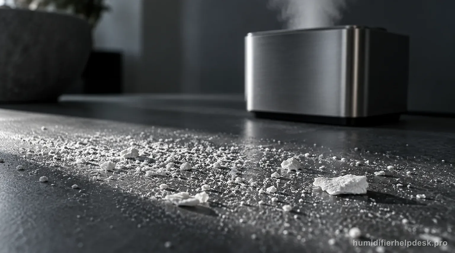 Illustrative extreme macro of fine white mineral particles drifted across a dark grey shelf with a stainless-steel cube humidifier out of focus behind