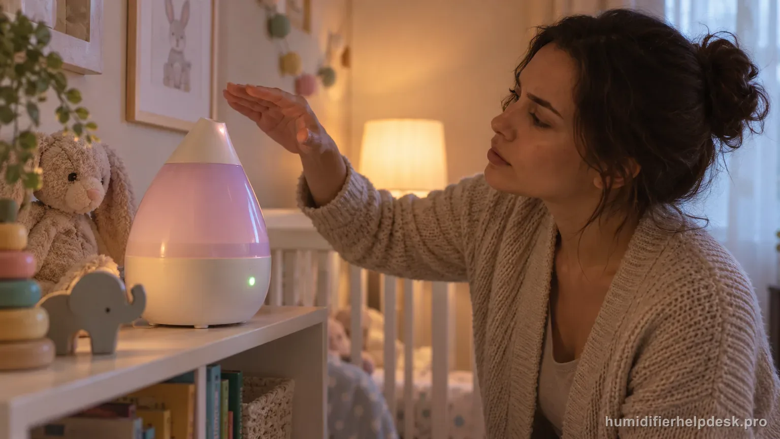 Illustrative colorful drop-shaped humidifier with a green indicator light on while a hand checks the nozzle for mist