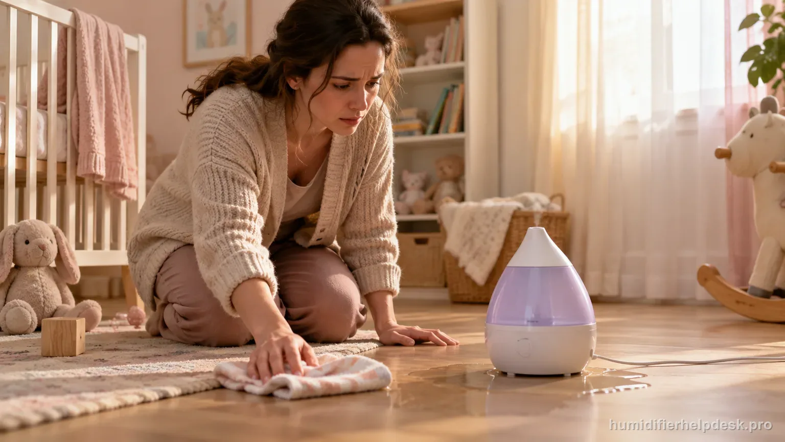 Illustrative small puddle of water pooling beneath a colorful drop-shaped humidifier on a nursery floor
