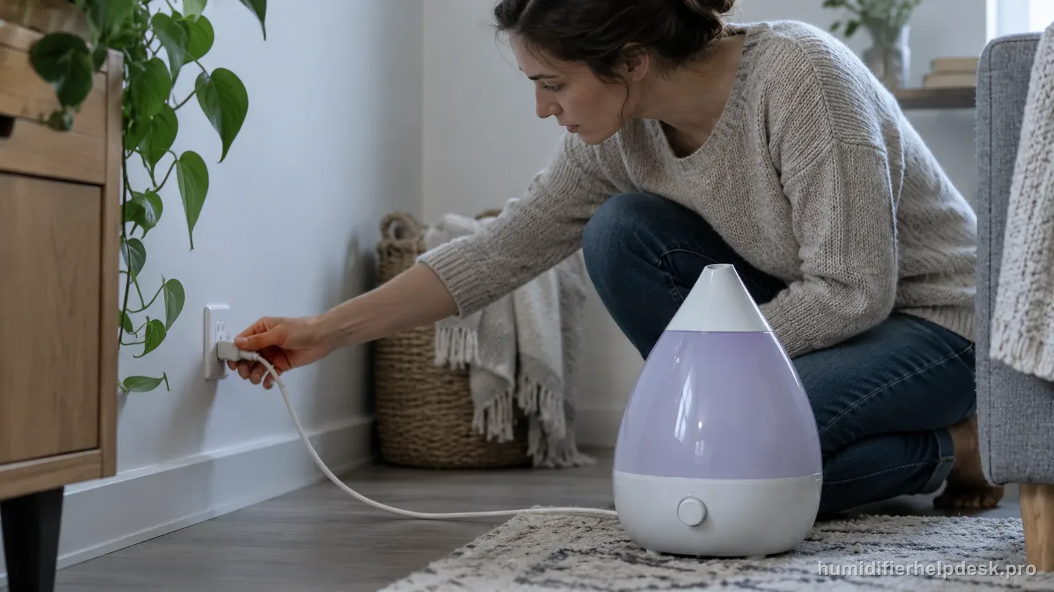 Illustrative hand tracing a power cord from a colorful drop-shaped humidifier back to a wall outlet