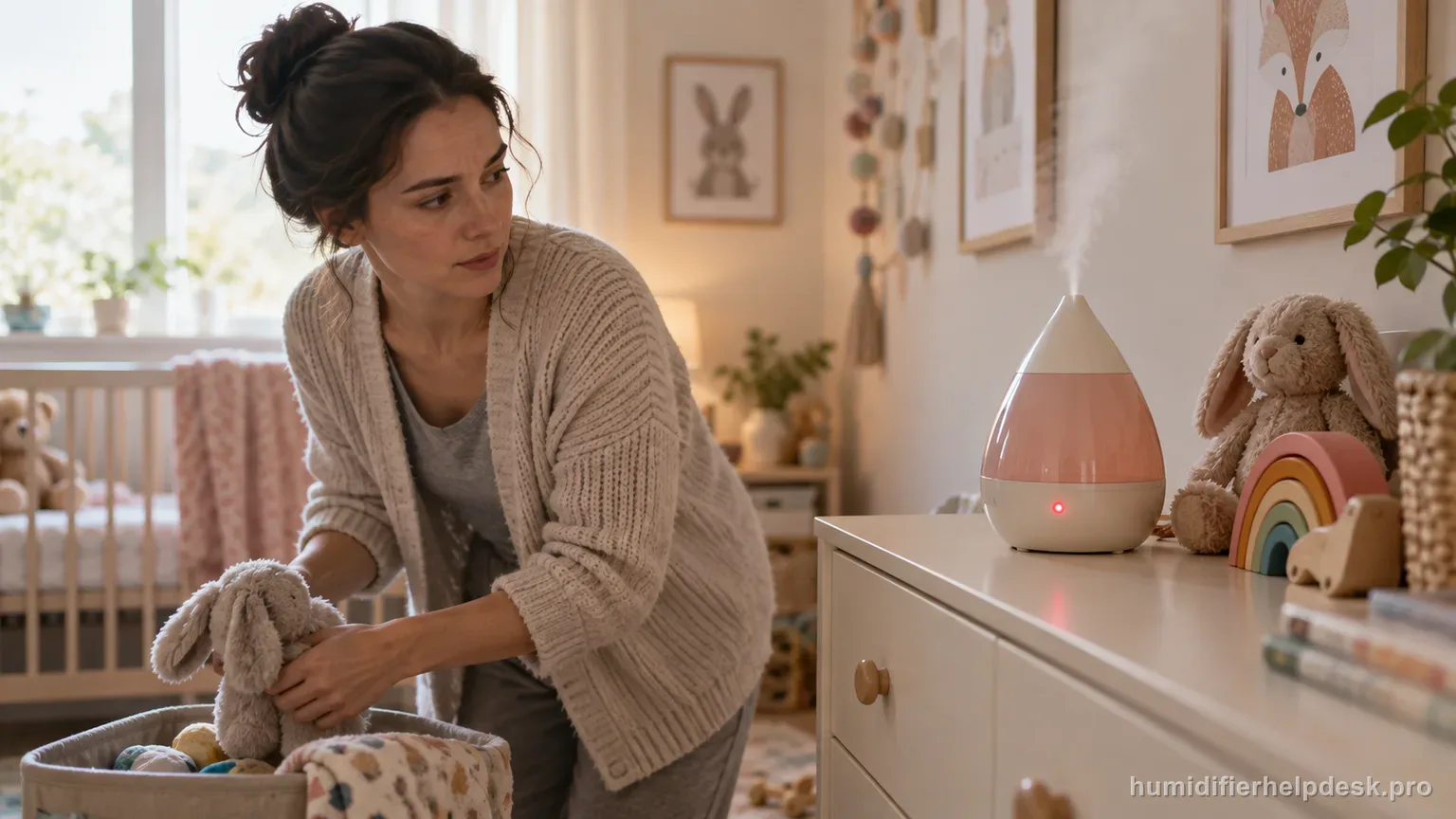 Illustrative colorful drop-shaped humidifier with a small red indicator light glowing steadily