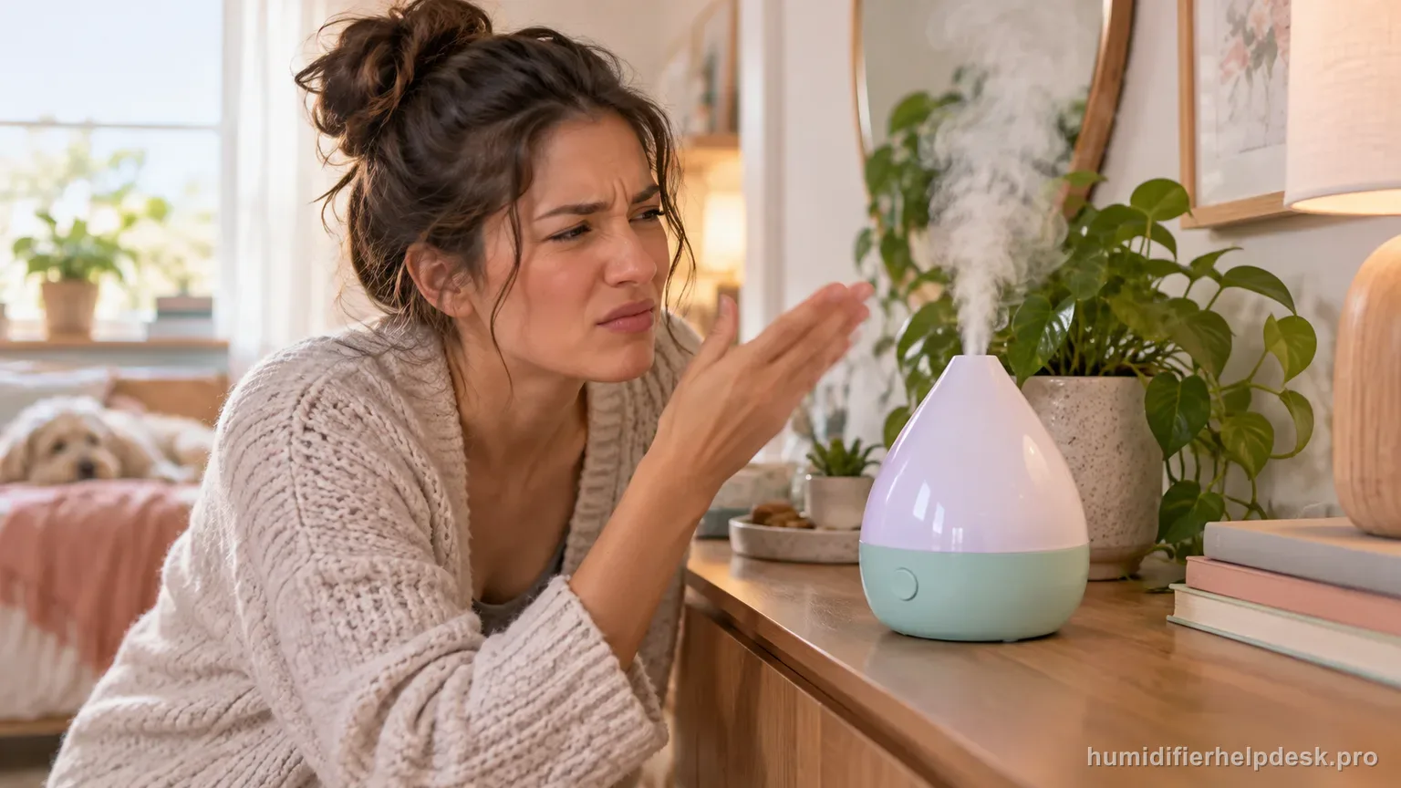 Illustrative person waving a hand near the mist output of a colorful drop-shaped humidifier to check for odor