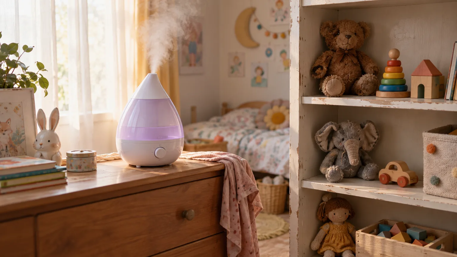 Illustrative a colorful drop-shaped humidifier on a kid's room dresser with faint white dust residue nearby
