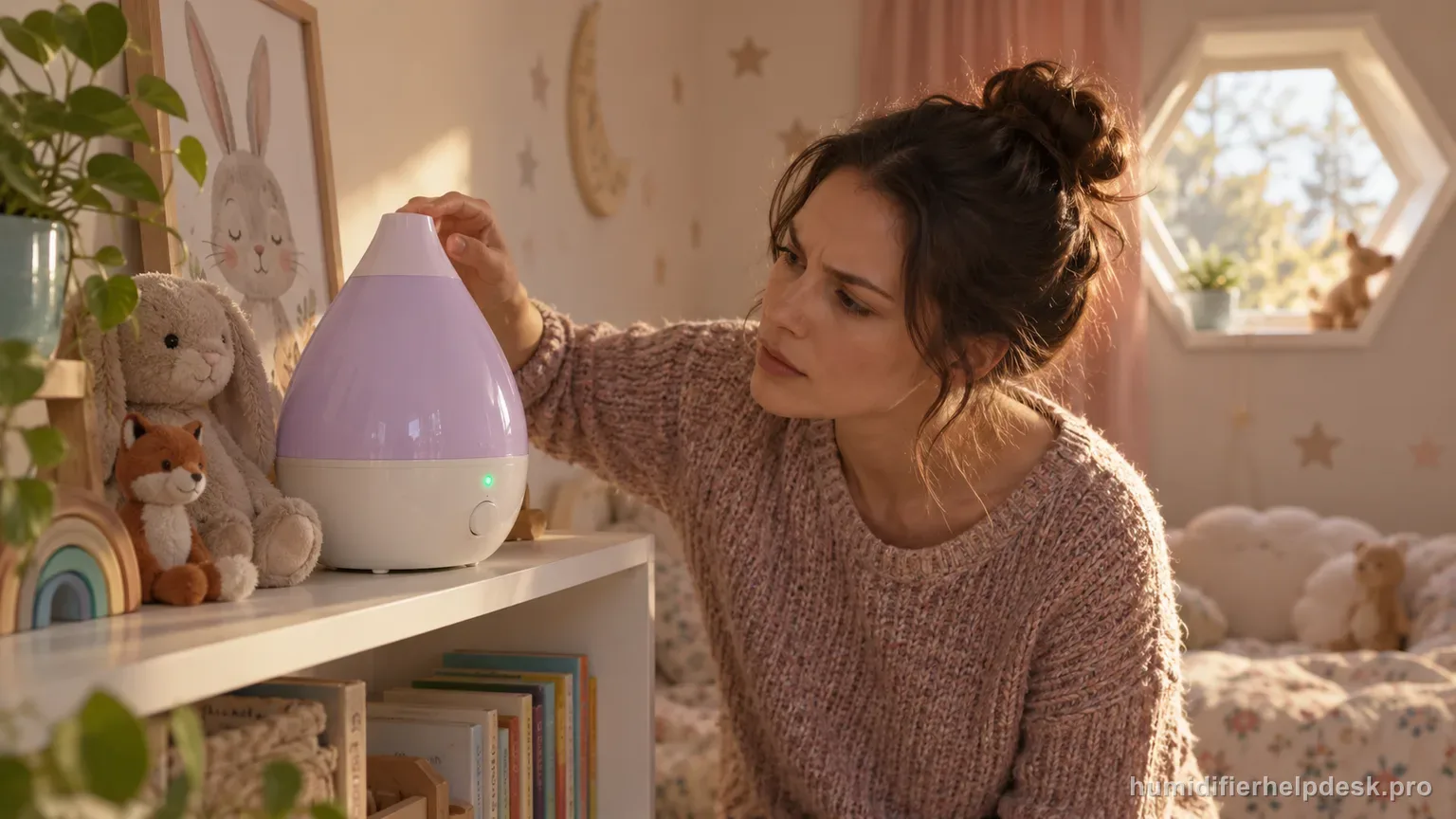Illustrative colorful drop-shaped humidifier with a green indicator light on while a hand checks the nozzle for mist