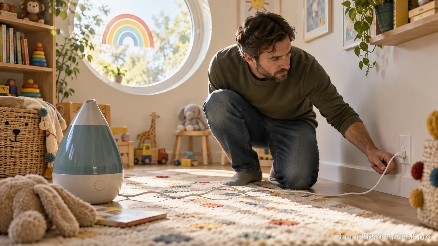 Illustrative hand tracing a power cord from a colorful drop-shaped humidifier back to a wall outlet in a playroom