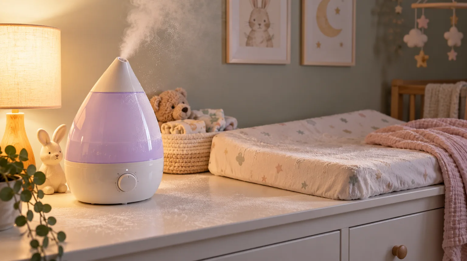 Illustrative a colorful droplet-shaped humidifier on a nursery dresser with a faint dusting of white mineral residue nearby