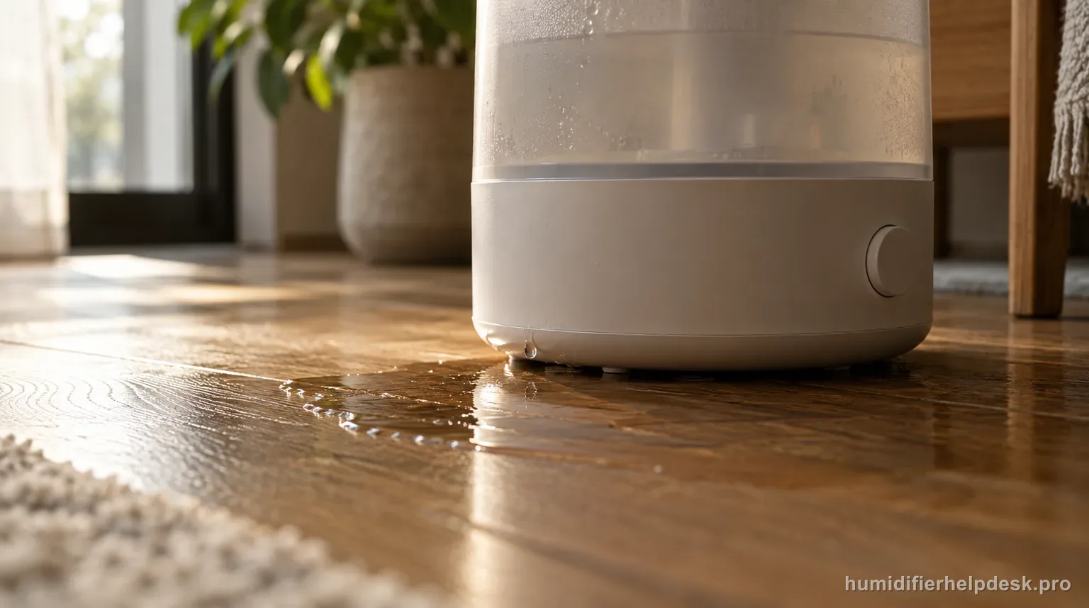 Illustrative floor-level view of water spreading across oak floorboards from beneath the base of a compact cylindrical humidifier