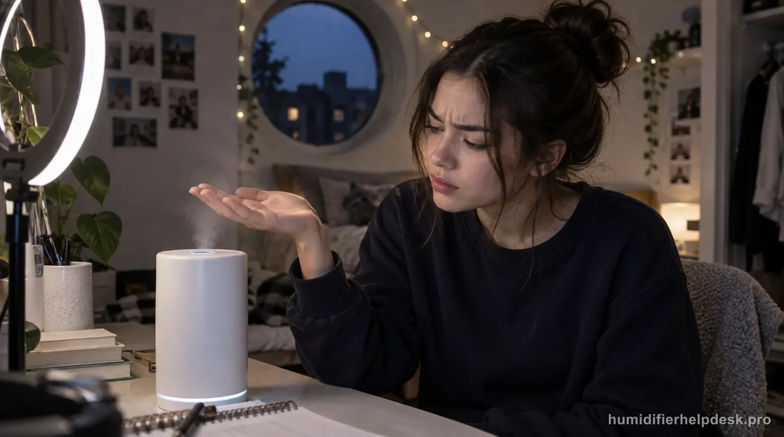 Illustrative person feeling for mist near the nozzle of a compact cylindrical smart humidifier on a desk while a ring light glows