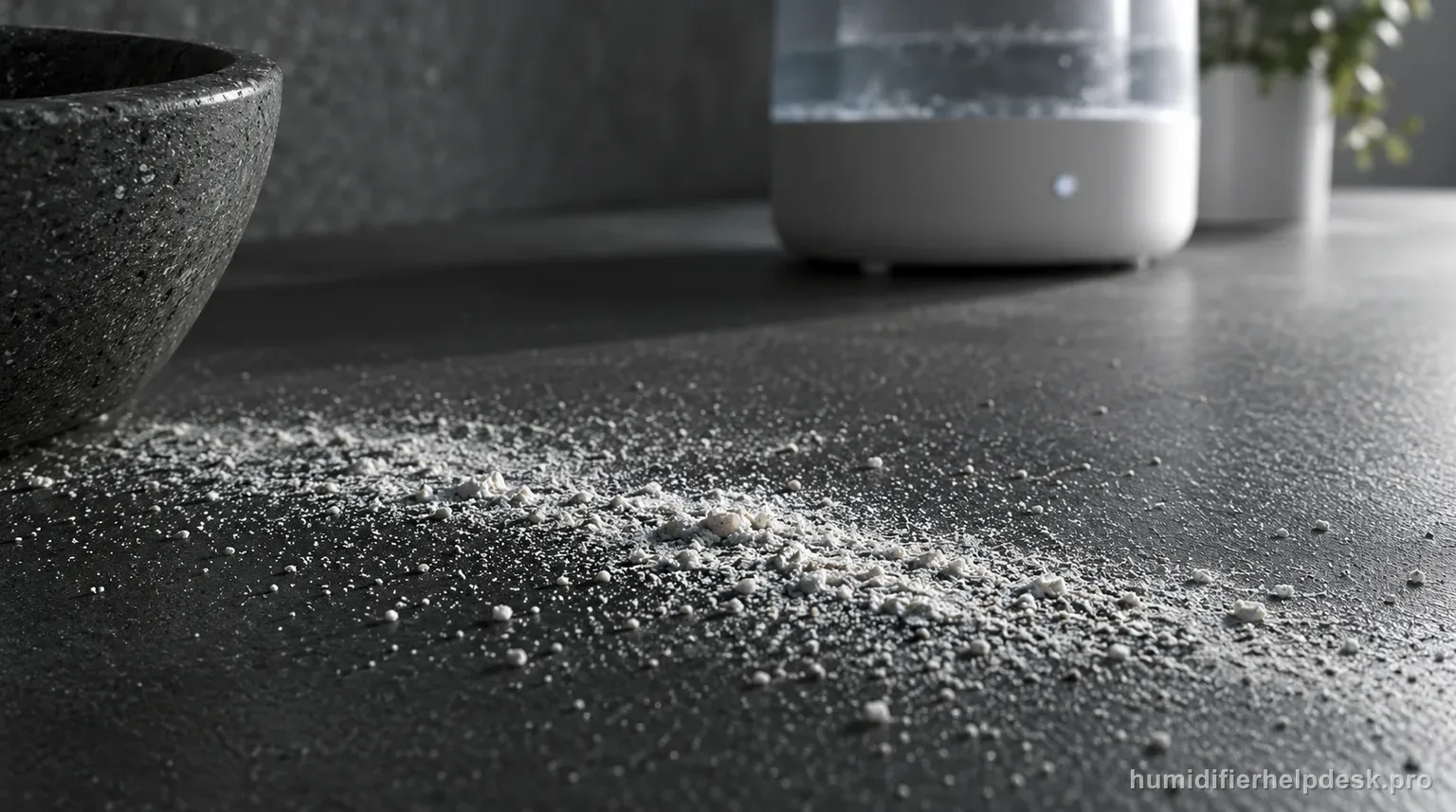 Illustrative macro view of fine white mineral powder drifted across a dark tabletop with a smart humidifier out of focus behind