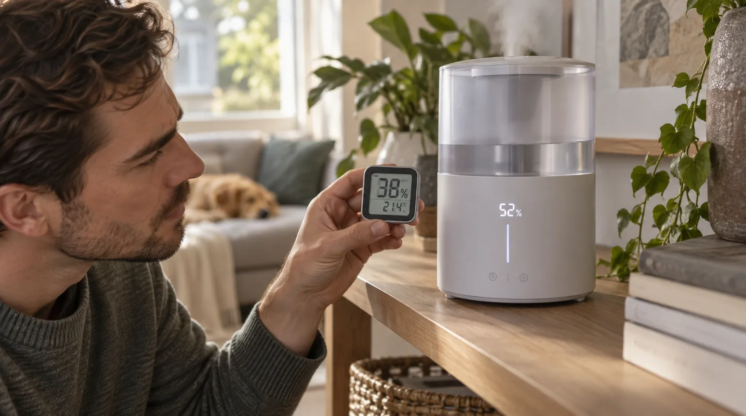 Illustrative handheld hygrometer held beside a cylindrical smart humidifier to compare humidity readings