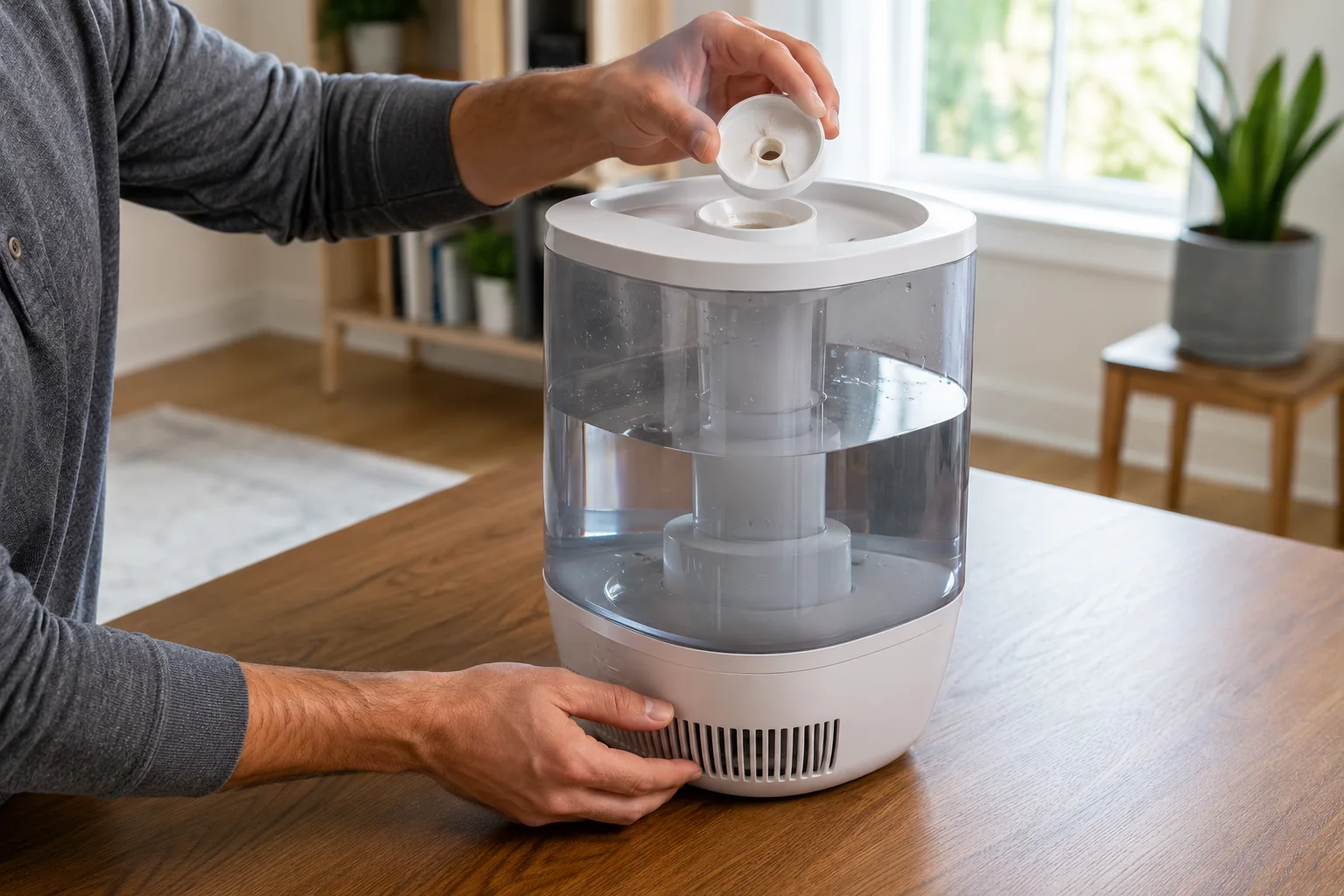 Illustrative top-fill humidifier with water in the tank while the top nozzle and lower air inlet are checked for blockage