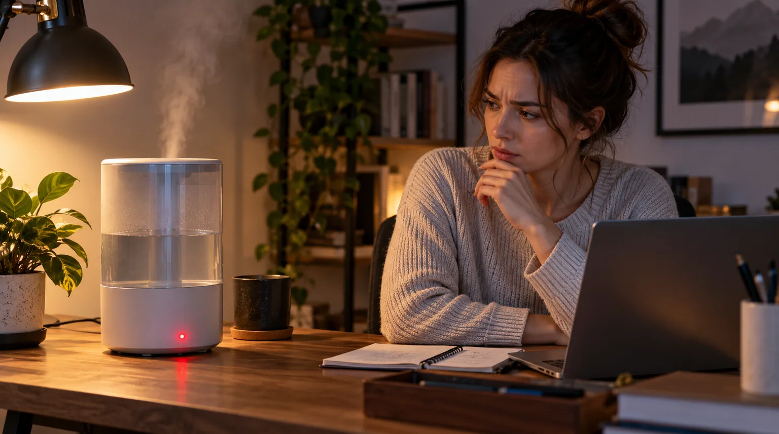 Illustrative compact smart humidifier on a desk with a small red indicator light glowing near its base