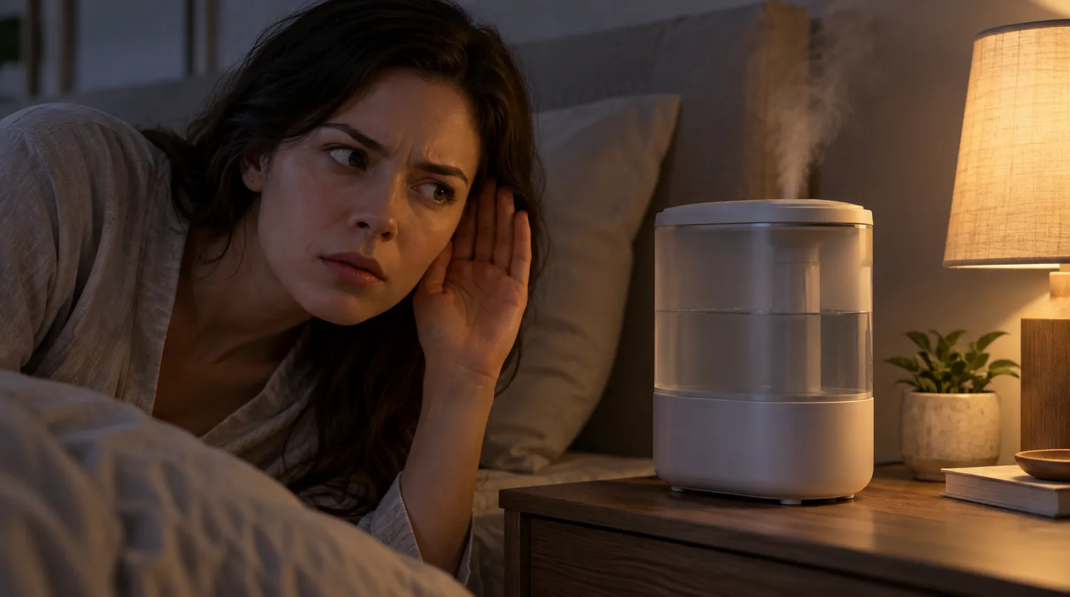 Illustrative person listening closely beside a compact humidifier on a nightstand to identify an unusual noise
