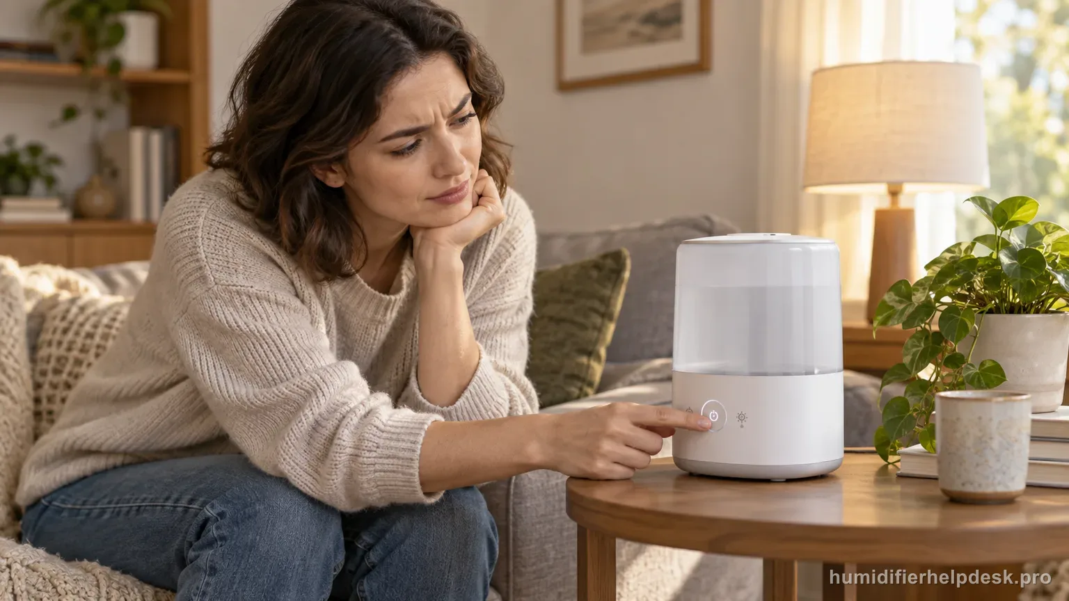 Illustrative hand pressing a control button on a compact smart humidifier while checking the auto-mode setting