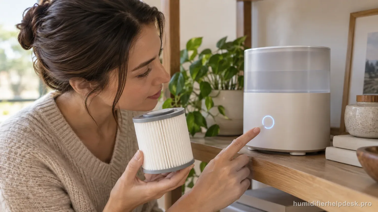 Illustrative person comparing a filter-life indicator on a compact smart humidifier against a fresh replacement filter