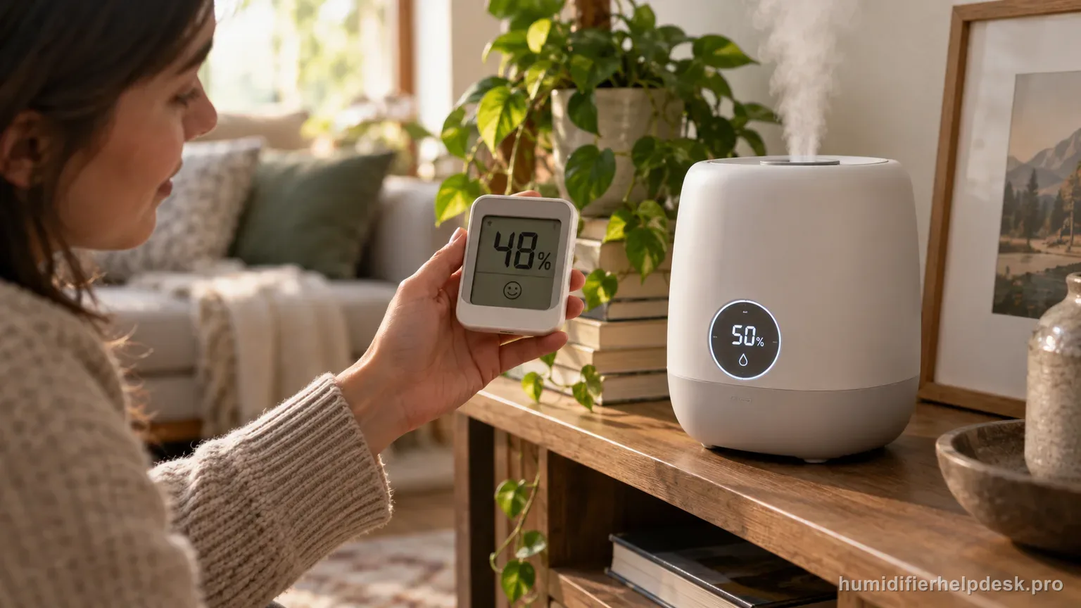 Illustrative handheld hygrometer held beside a compact smart humidifier to compare humidity readings