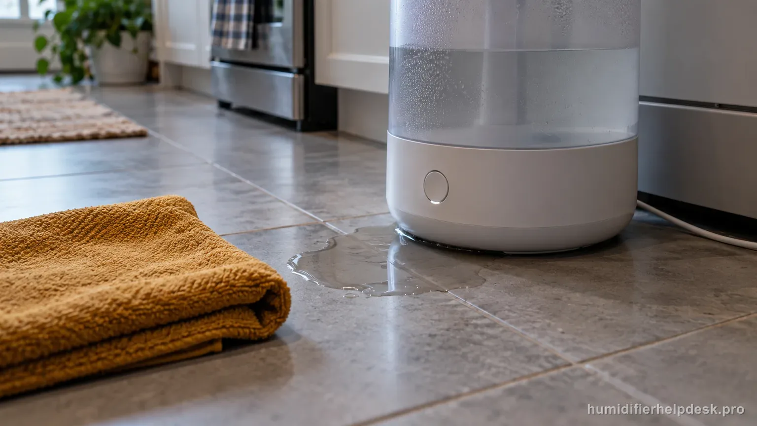 Illustrative small puddle of water at the base of a compact smart humidifier on a kitchen floor