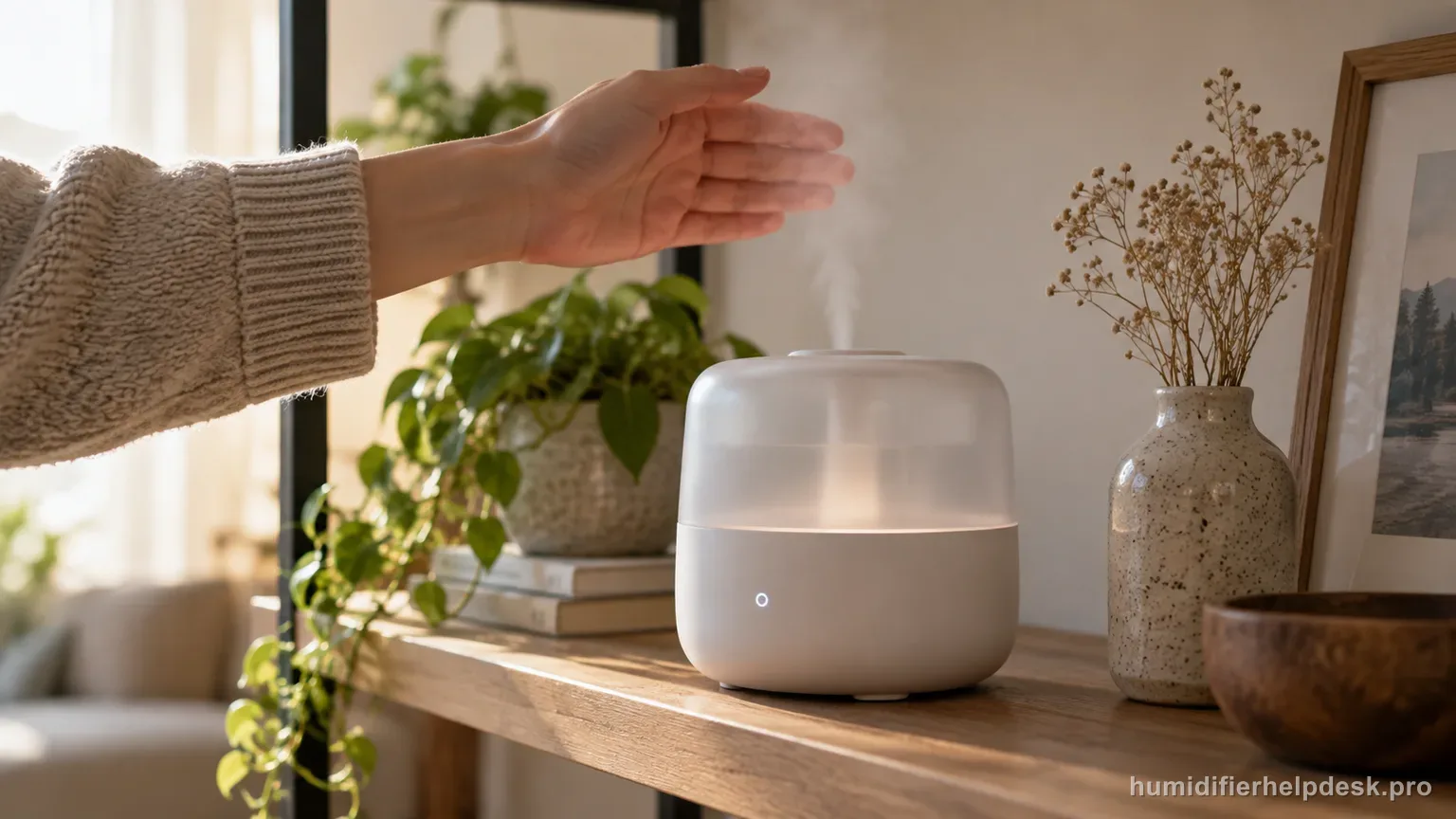 Illustrative hand checking near the mist nozzle of a compact smart humidifier for output