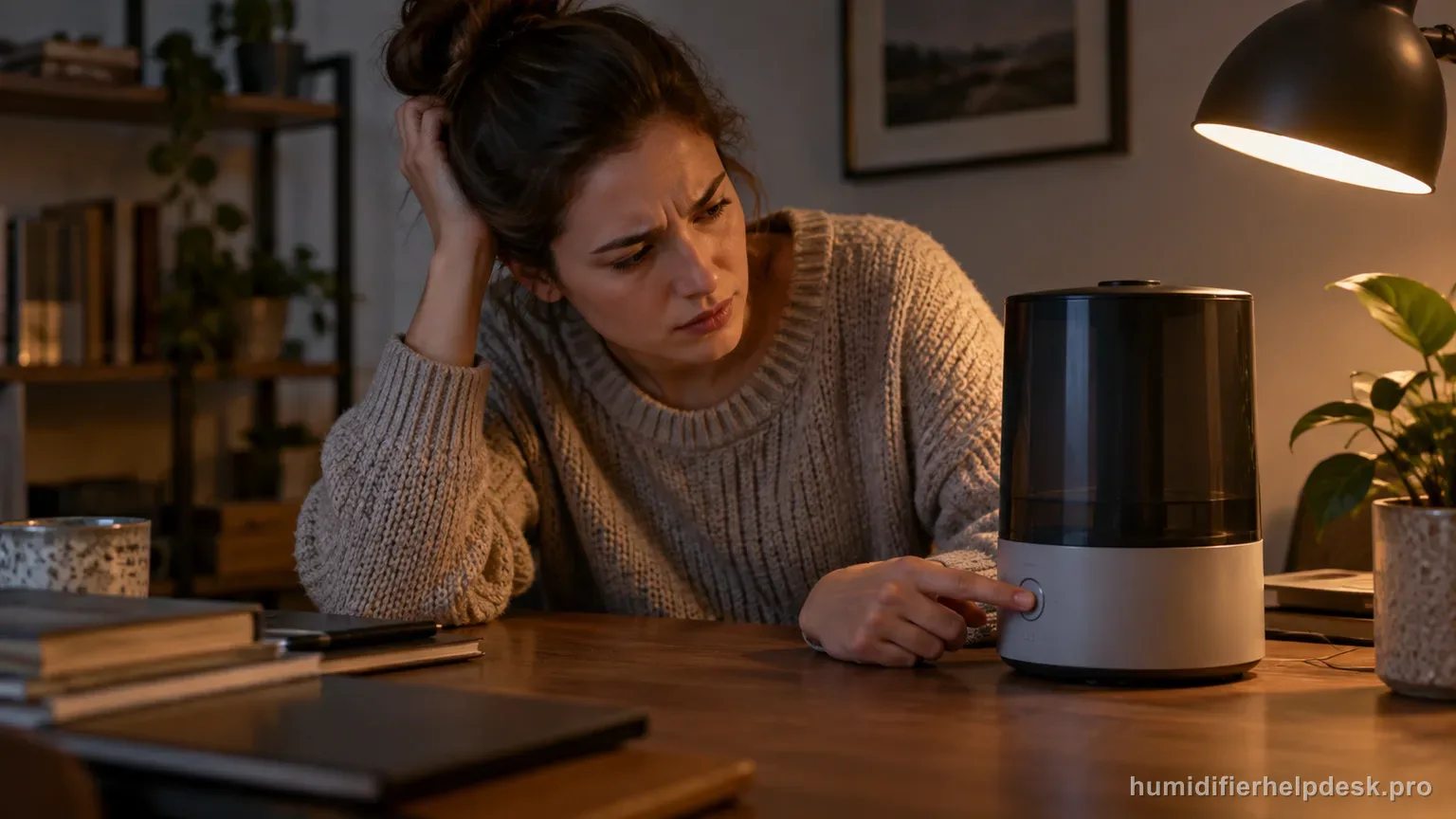 Illustrative person pressing the power button on a compact smart humidifier that has gone dark