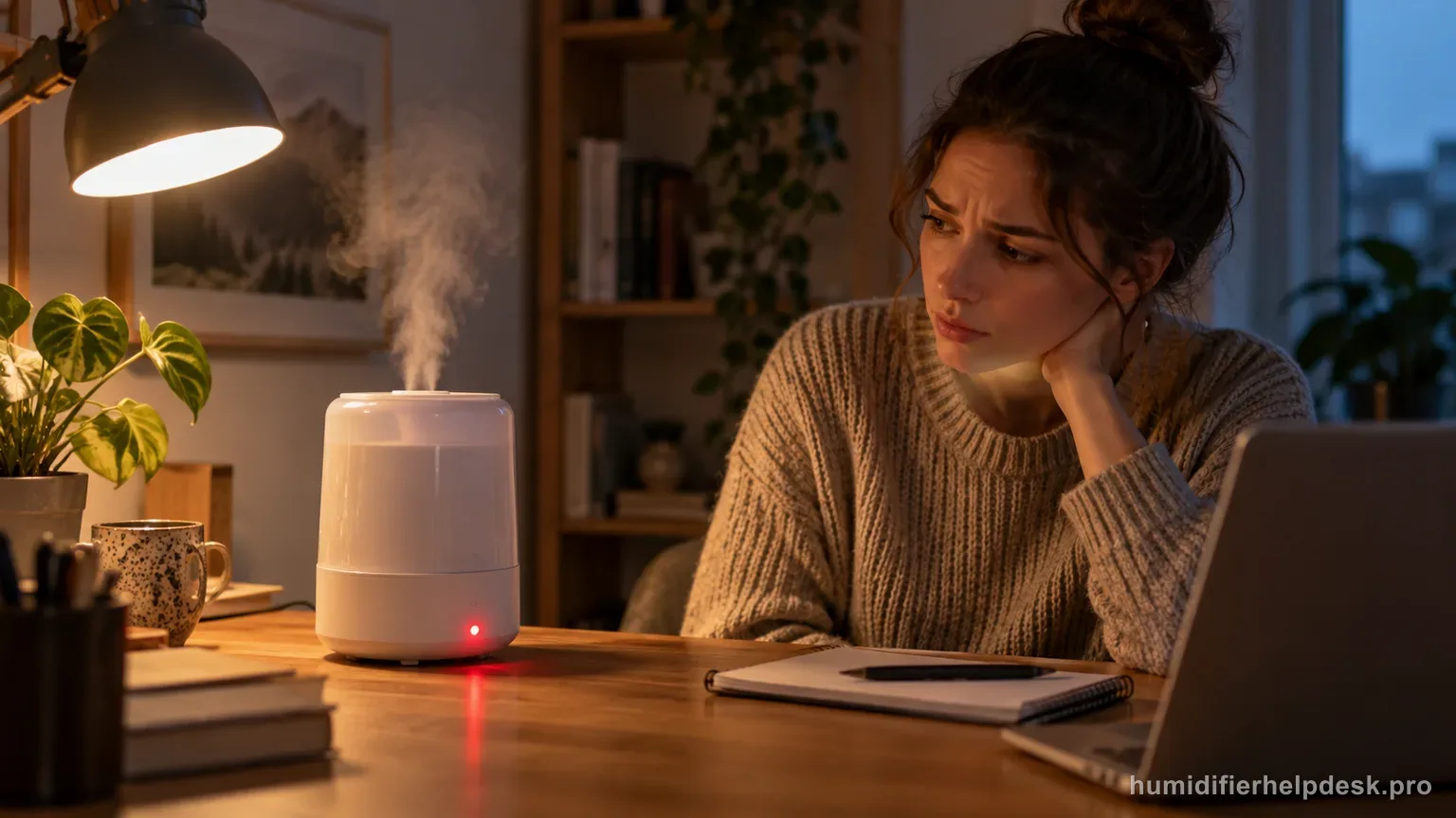 Illustrative compact smart humidifier with a small red indicator light glowing near its base