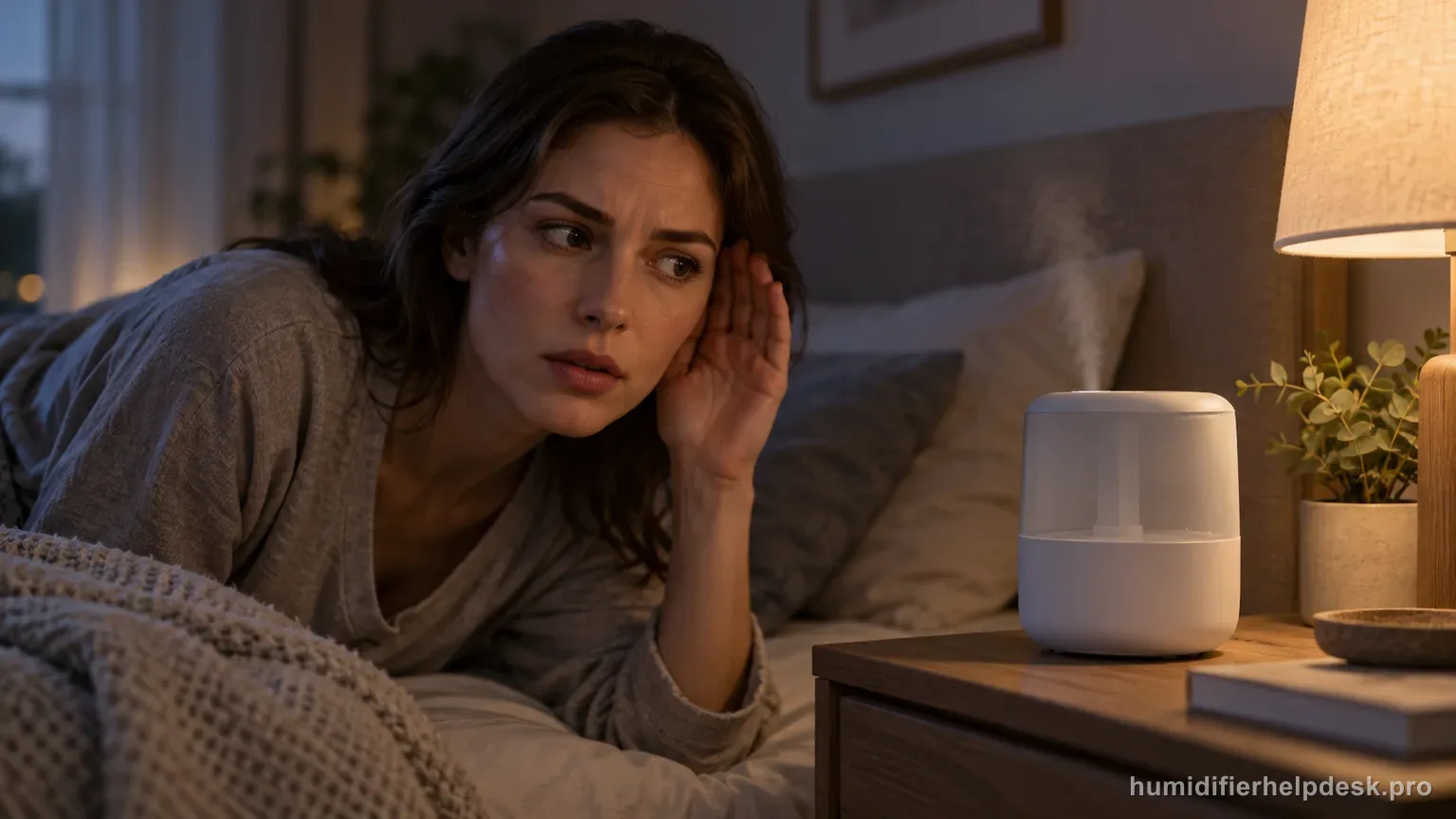 Illustrative person listening closely beside a compact smart humidifier on a nightstand to identify a noise