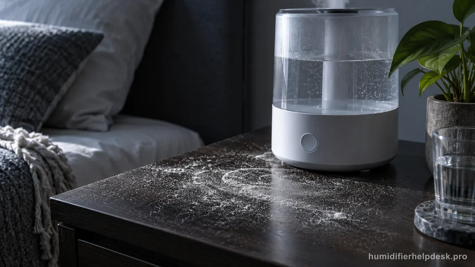 Illustrative fine layer of white mineral dust visible on a dark table beside a compact smart humidifier