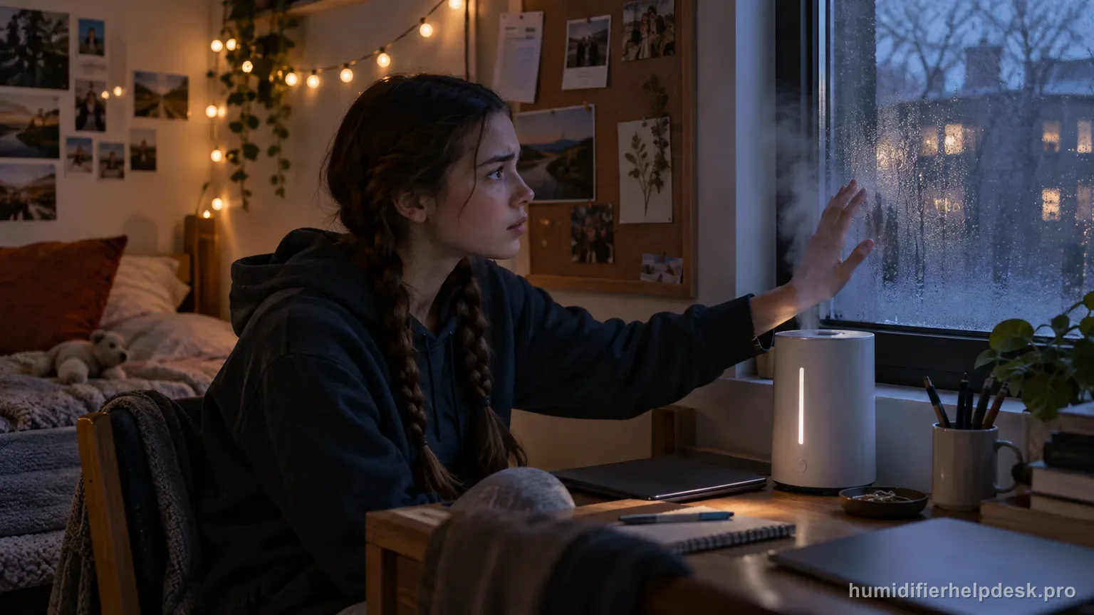 Illustrative teenage girl touching a fogged window beside a sleek cylindrical smart humidifier in a dorm room