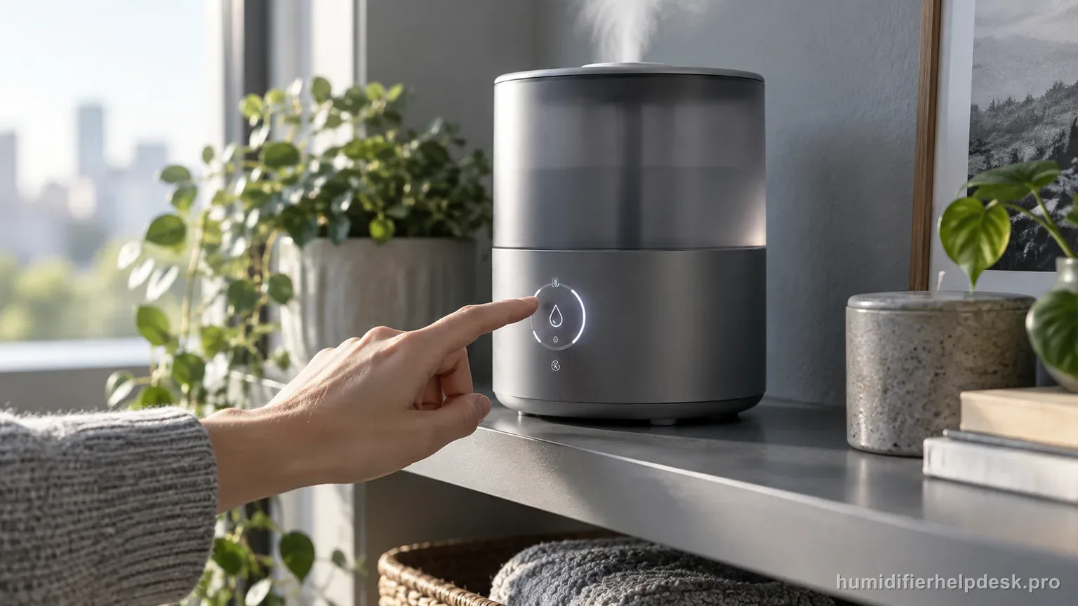 Illustrative hand pointing at a small illuminated display on a sleek cylindrical smart humidifier