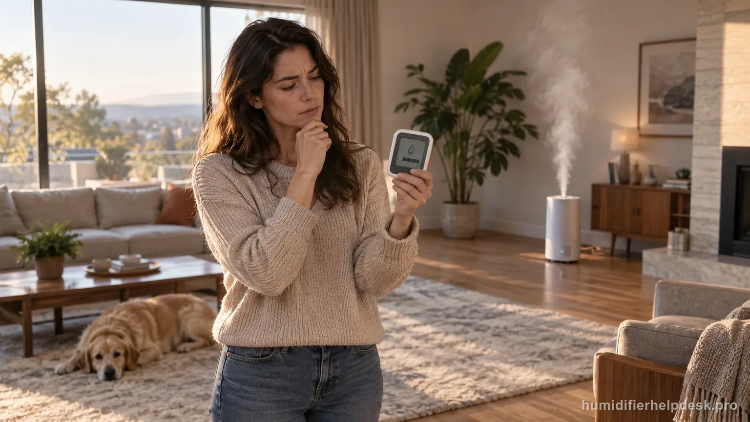 Illustrative handheld hygrometer held in a large room while a sleek cylindrical smart humidifier mists nearby