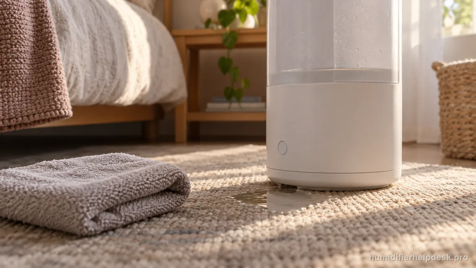 Illustrative small puddle of water at the base of a sleek cylindrical smart humidifier on a bedroom floor