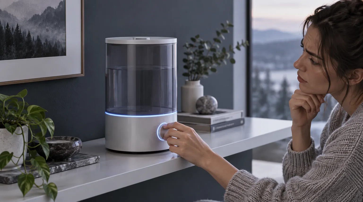 Illustrative a sleek cylindrical smart humidifier with its ring light glowing while no visible mist rises above it
