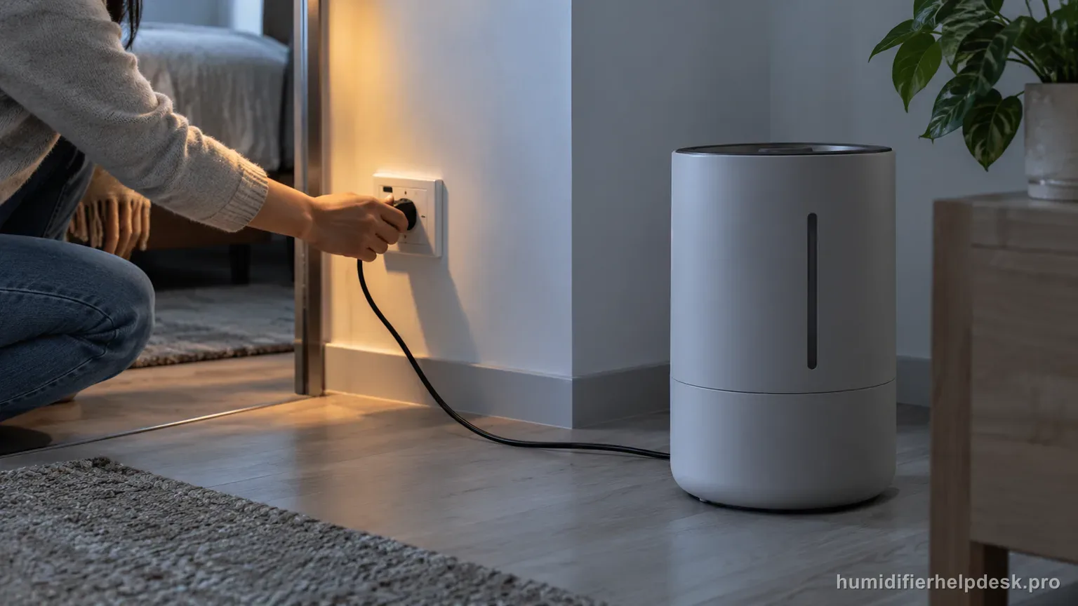 Illustrative hand tracing a power cord from a sleek cylindrical smart humidifier back to a wall outlet