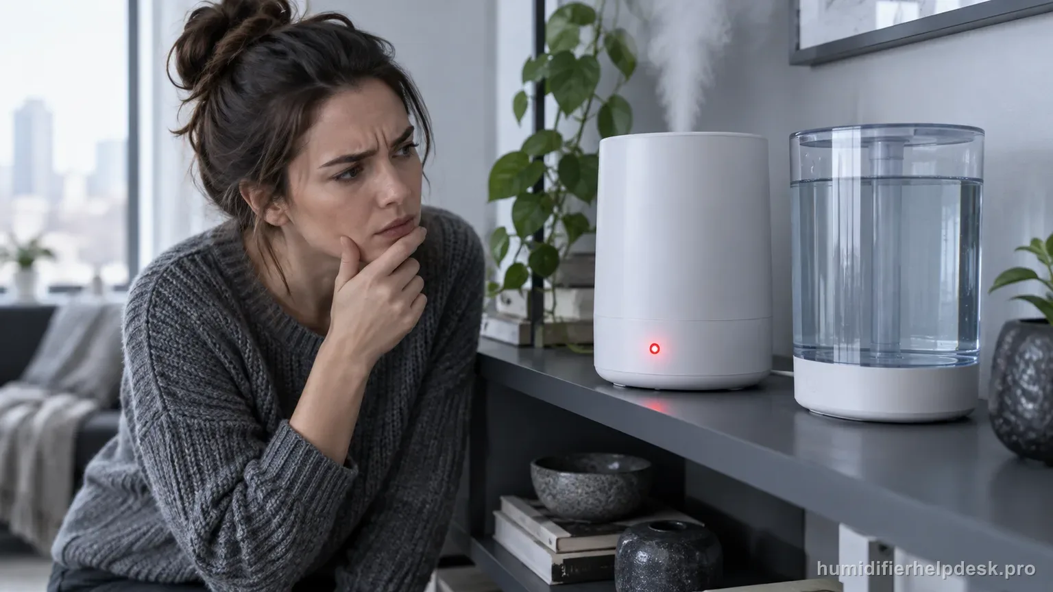 Illustrative sleek cylindrical smart humidifier with a red indicator light glowing beside a visibly full water tank