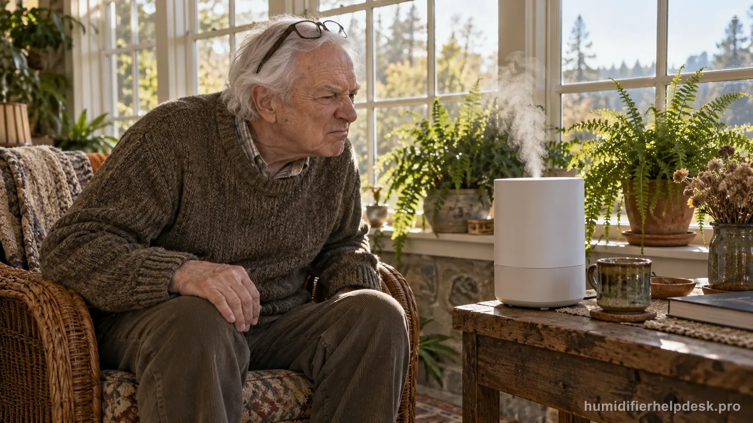 Illustrative elderly man leaning toward a sleek cylindrical smart humidifier in a sunroom, reacting to an odor
