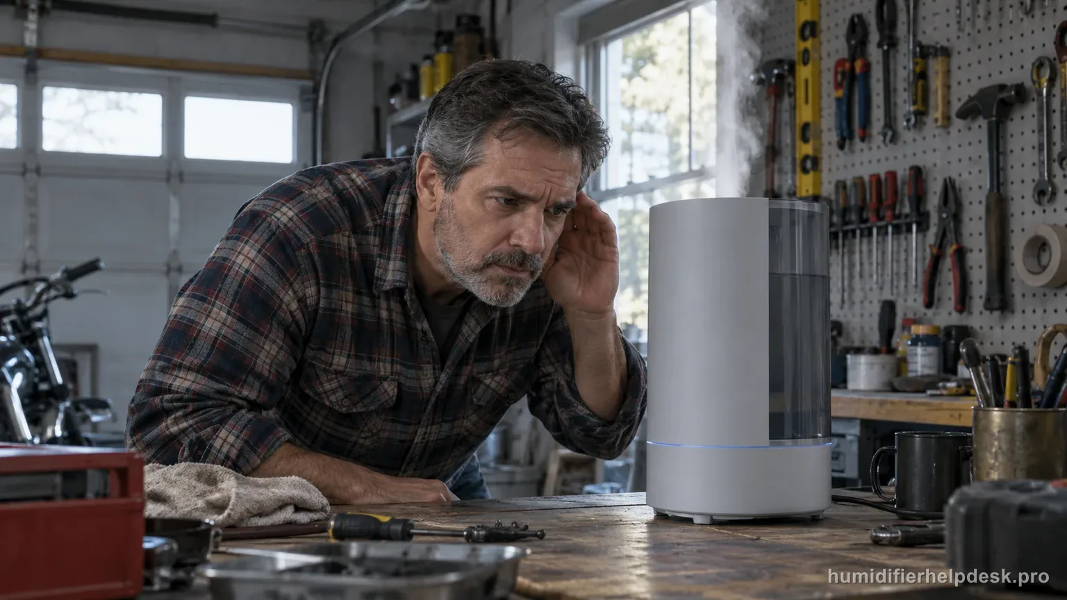 Illustrative man leaning close to listen to a sleek cylindrical smart humidifier on a garage workbench