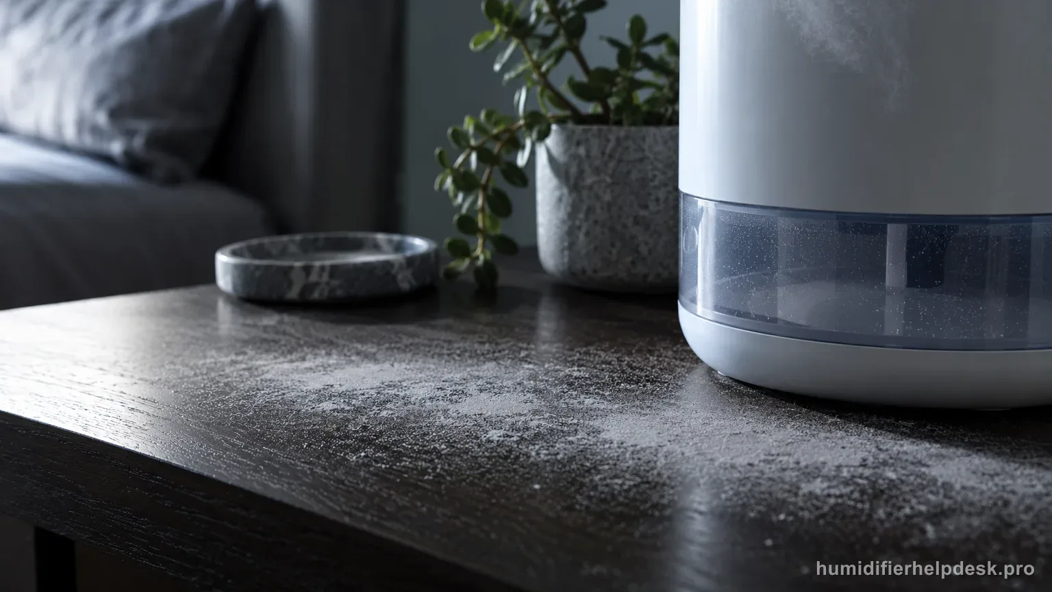 Illustrative fine layer of white mineral dust visible on a dark table beside a sleek cylindrical smart humidifier