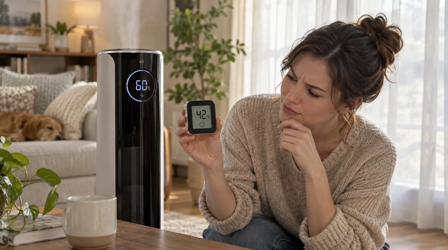 Illustrative handheld hygrometer held beside a tall smart humidifier tower to compare humidity readings