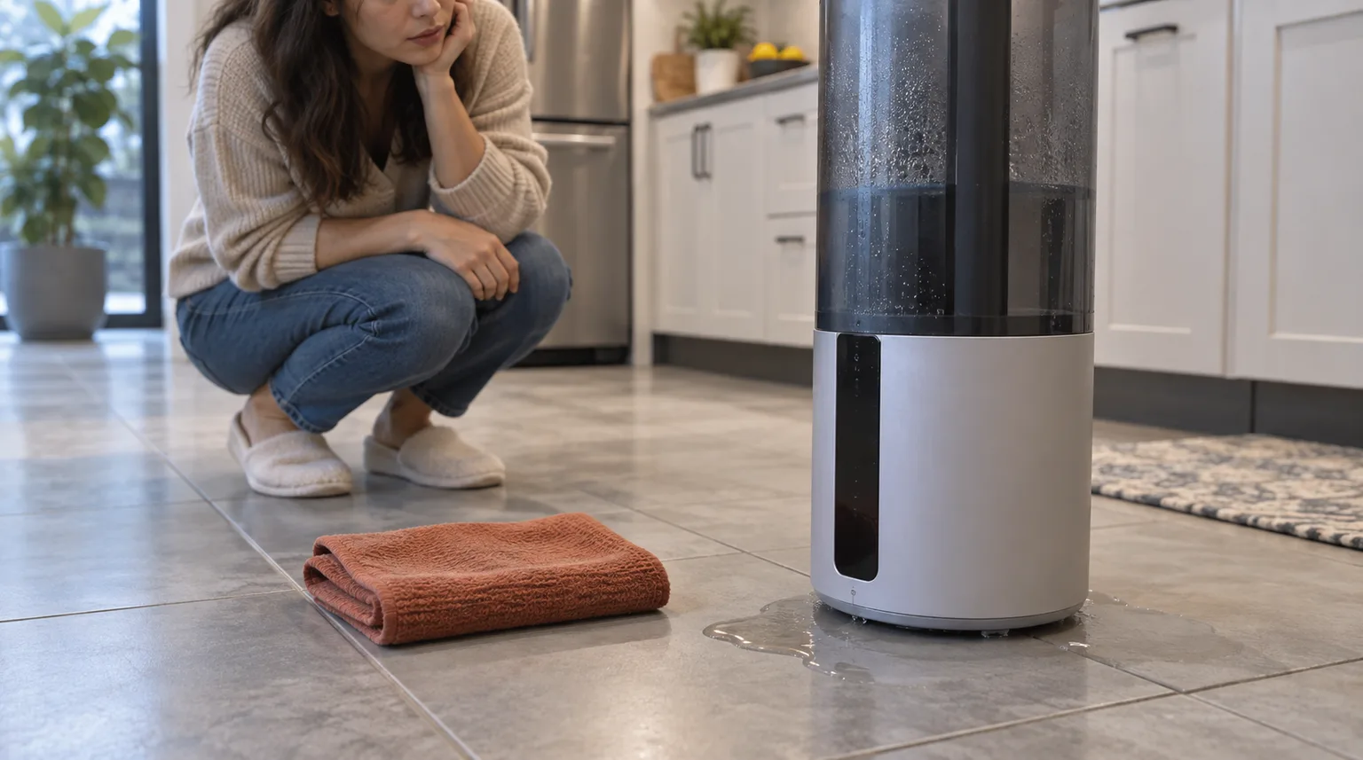 Illustrative small puddle of water at the base of a tall smart humidifier tower on a kitchen floor