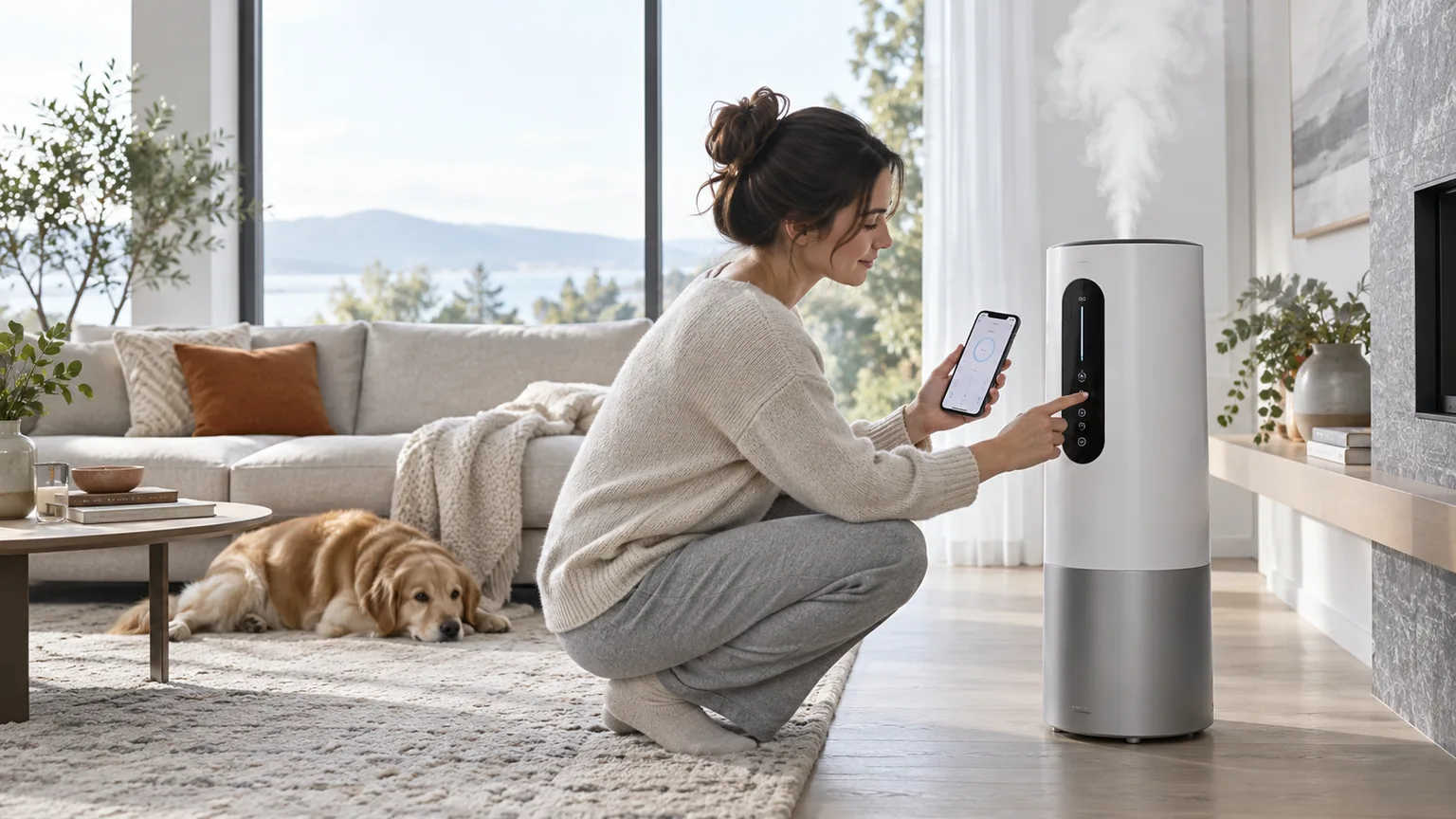Illustrative a smart humidifier tower in a bright living room while a person checks the companion app on their phone