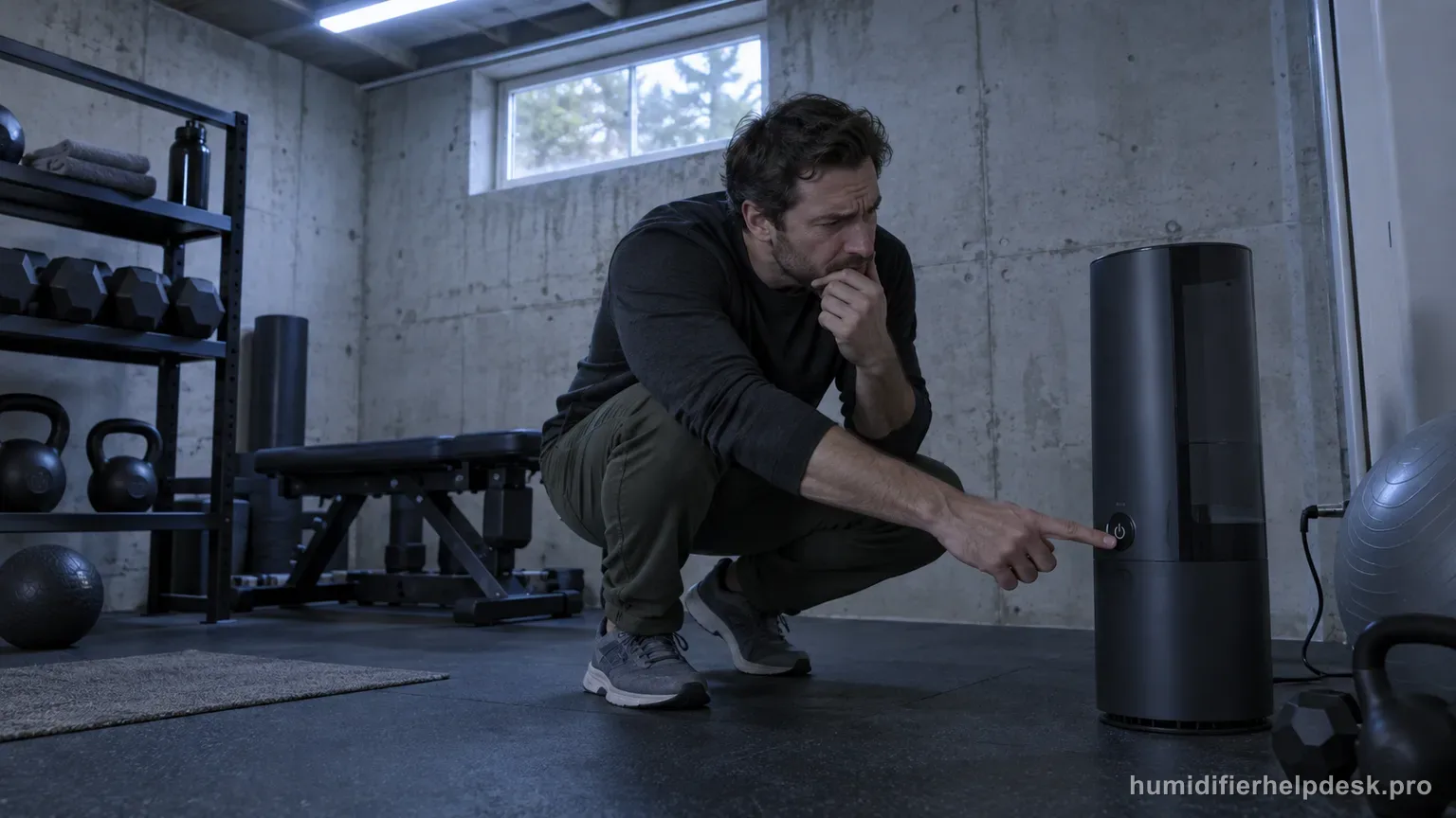Illustrative person pressing the power button on a smart humidifier tower that has gone dark