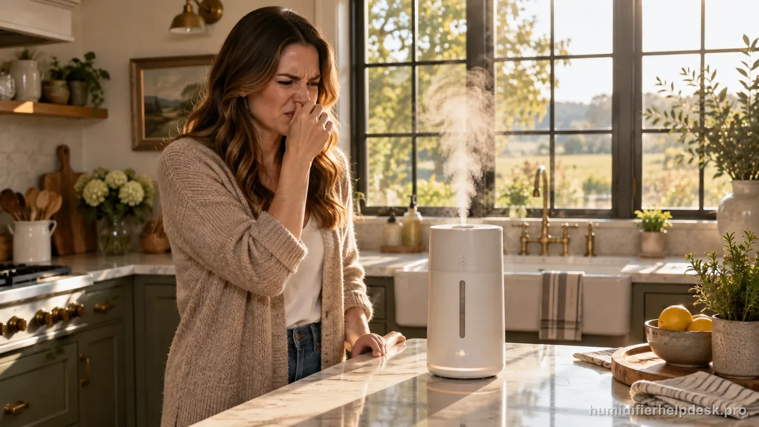 Illustrative person wrinkling their nose near a smart humidifier tower on a kitchen island
