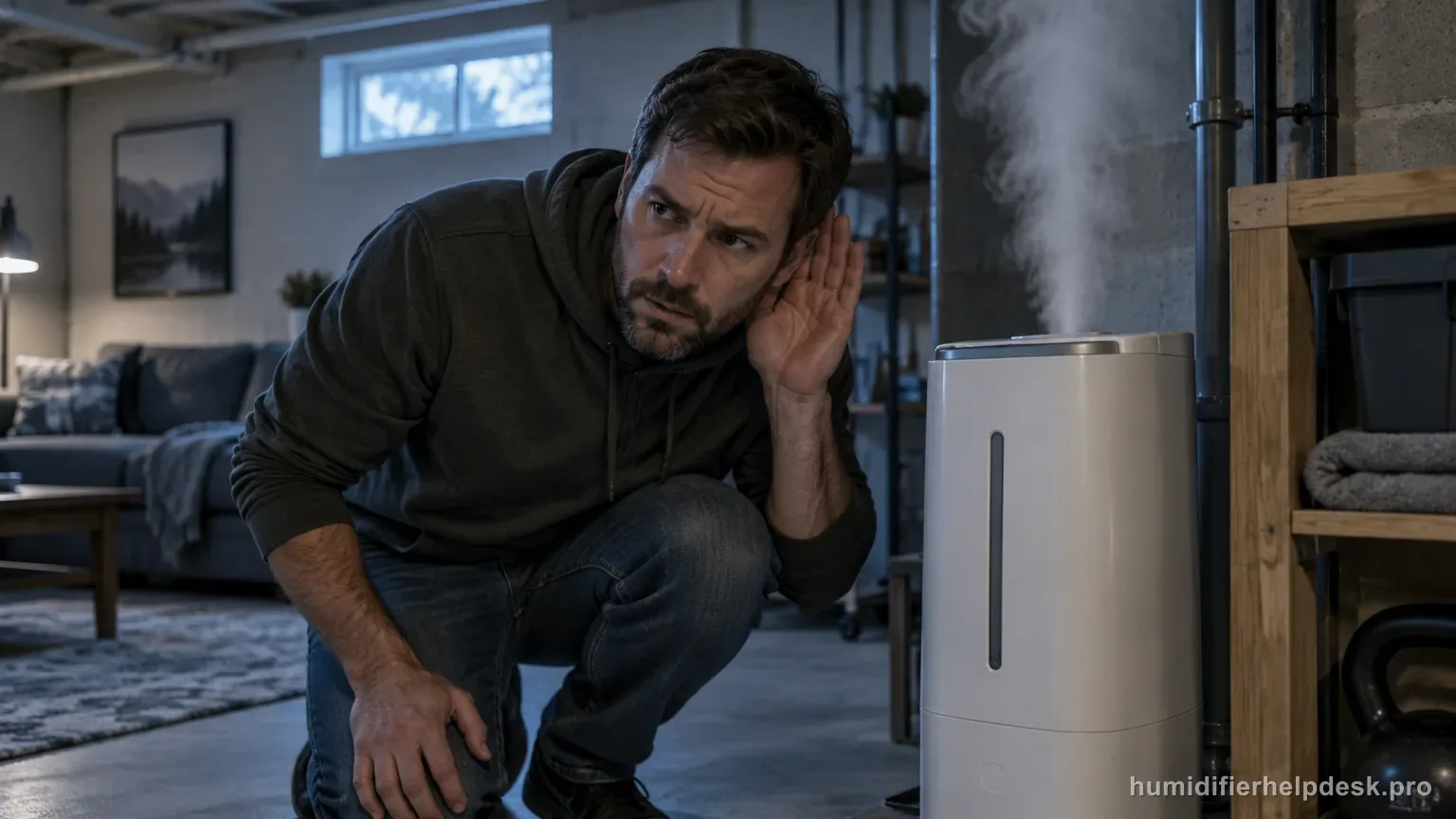 Illustrative person listening closely beside a smart humidifier tower in a basement rec room