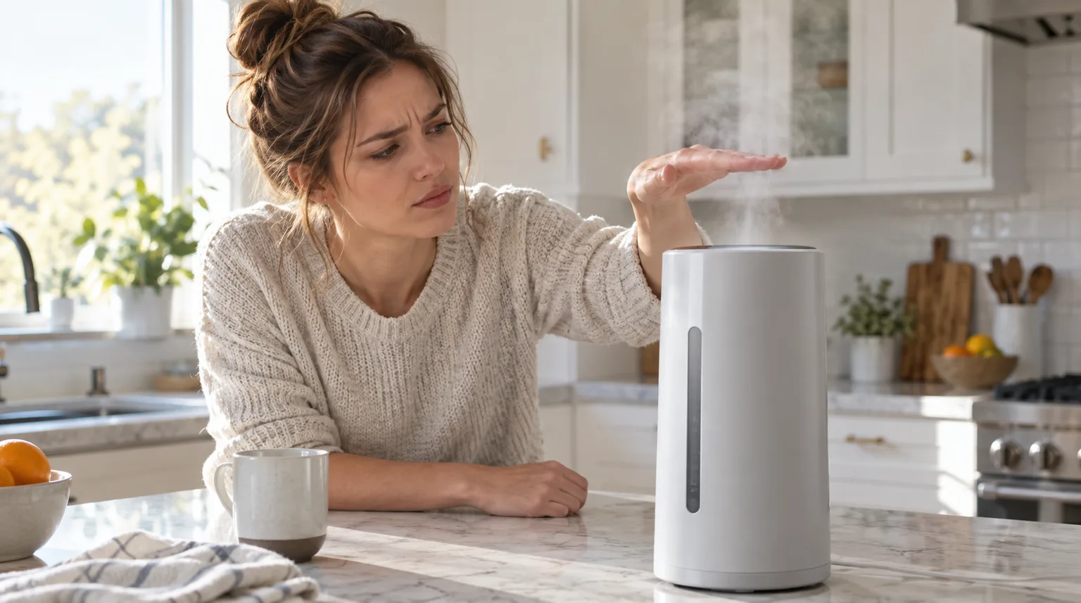 Illustrative hand hovering above the mist nozzle of a smart humidifier tower to test mist temperature