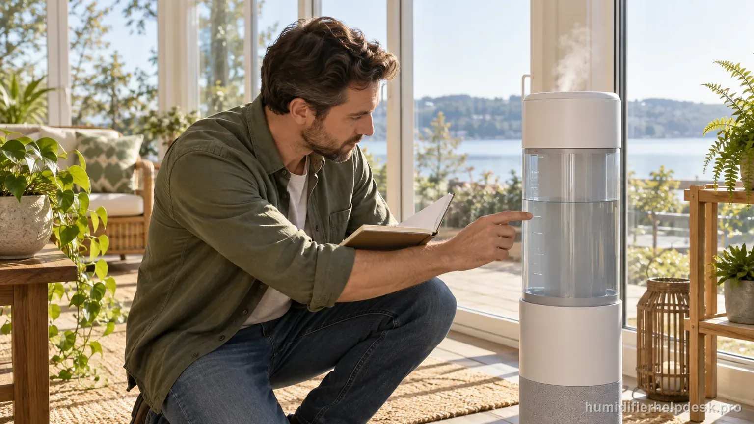Illustrative person checking water level markings on a smart humidifier tower against a notebook